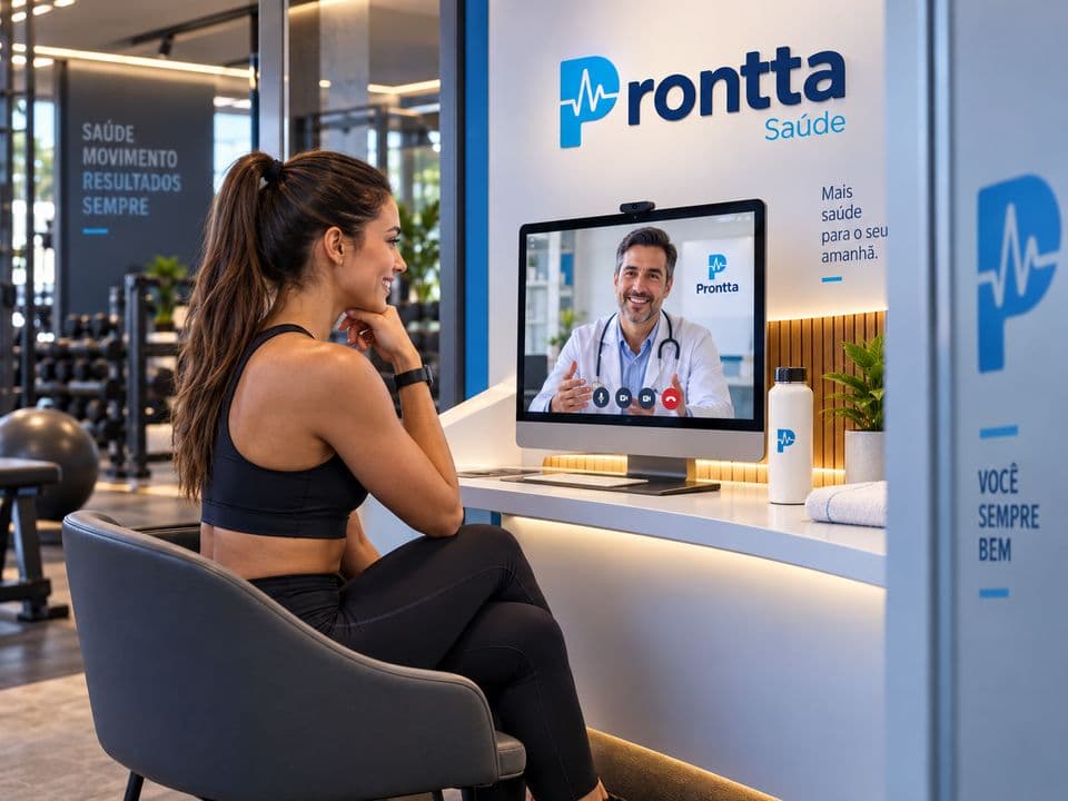 Aluna em sala reservada de academia durante atendimento com especialista por telessaúde